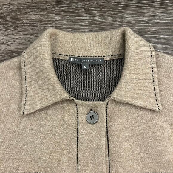 EUC Elliott Lauren Beige Top Stitch Button Front Sweater Jacket Sz M Fringe Hem - Picture 9 of 16